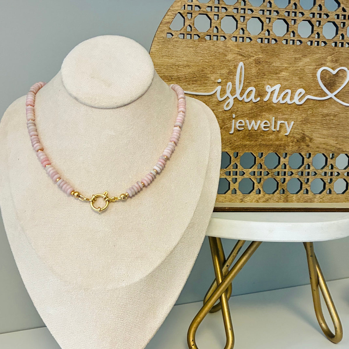 pink opal necklace with front closure