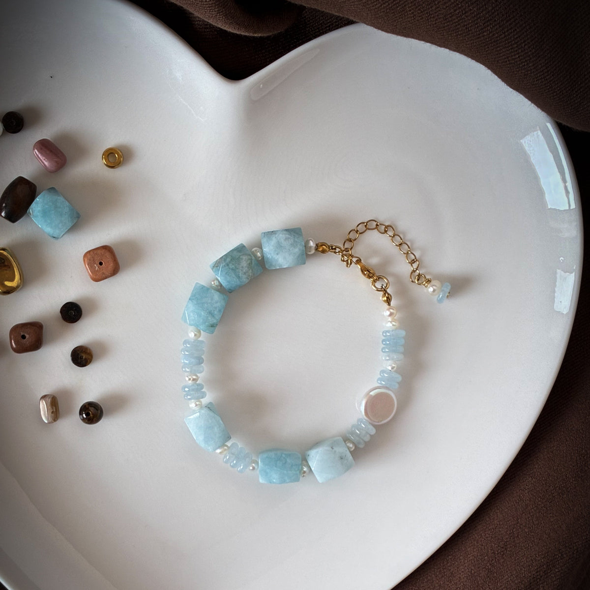 Claire blue jade and pearl beaded bracelet, hand strung in Saskatchewan