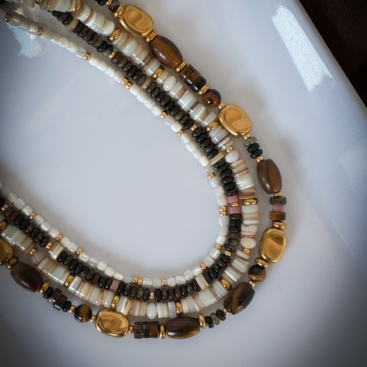 Sunday Shell Necklace with creamy freshwater shell beads and gold accents by Isla Rae Jewelry
